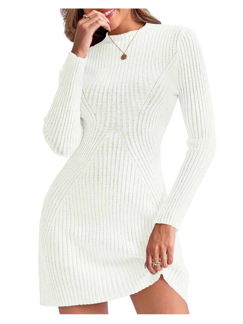 Amazon White Ribbed Knit Long-Sleeve Bodycon Dress